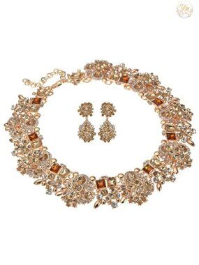 Vintage Crystal Rhinestone Statement Choker Bib Necklace Earring Set for Women
